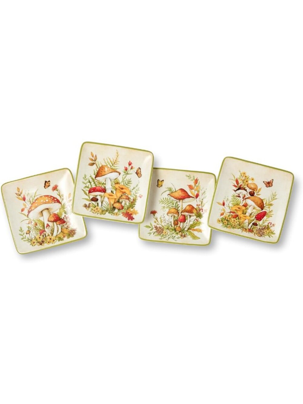 Set of 4 Woodland Critters 6" Ceramic Plates - Fall Mushroom Appetizer & Dessert
